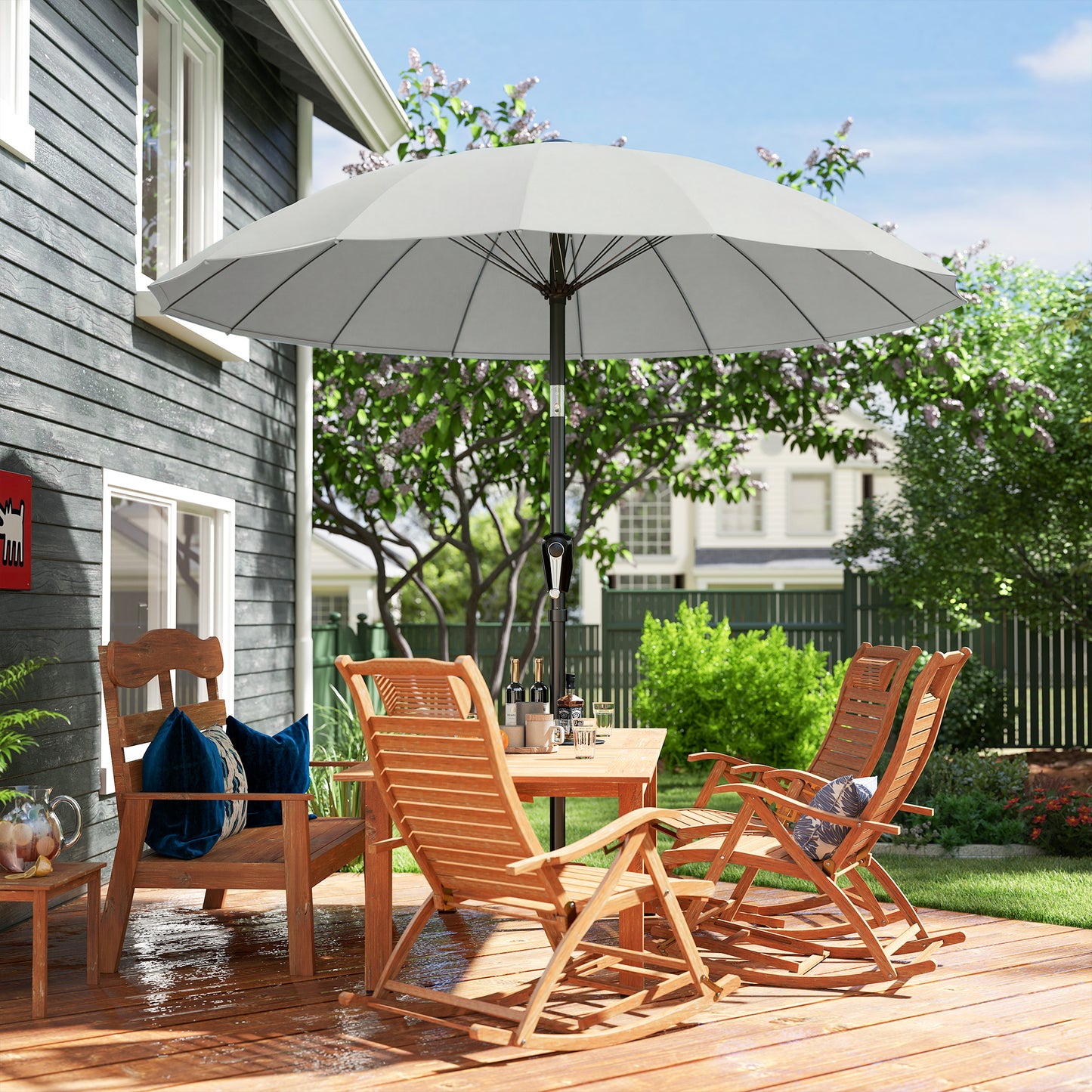 Outsunny 2 Meter Shanghai Garden Parasol Umbrella With 16 Fibreglass Ribs And Crank Tilt UPF30 Plus Light Grey