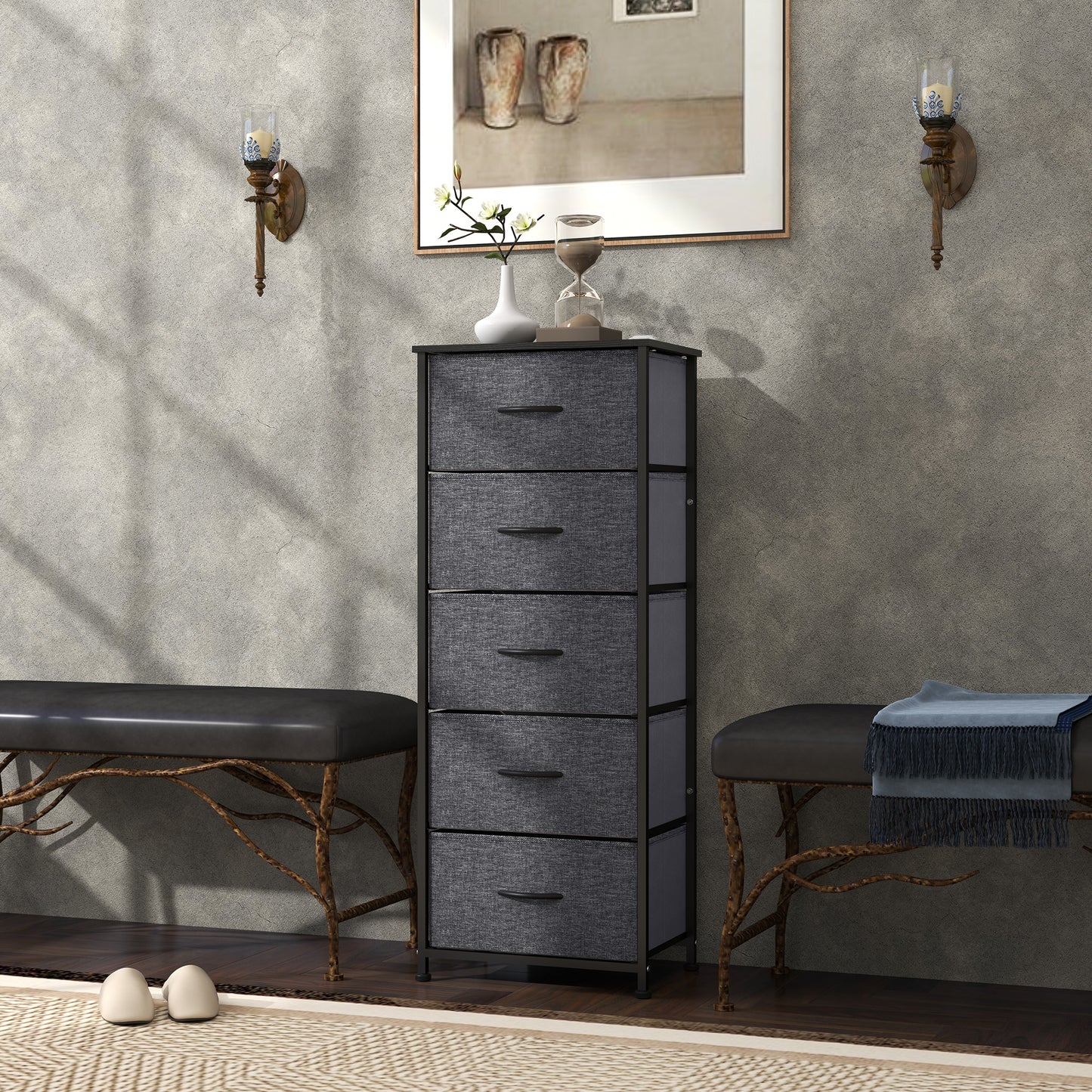HOMCOM Fabric Chest of Drawers With 5 Fabric Drawers Industrial Steel Frame And Wooden Top Dark Grey