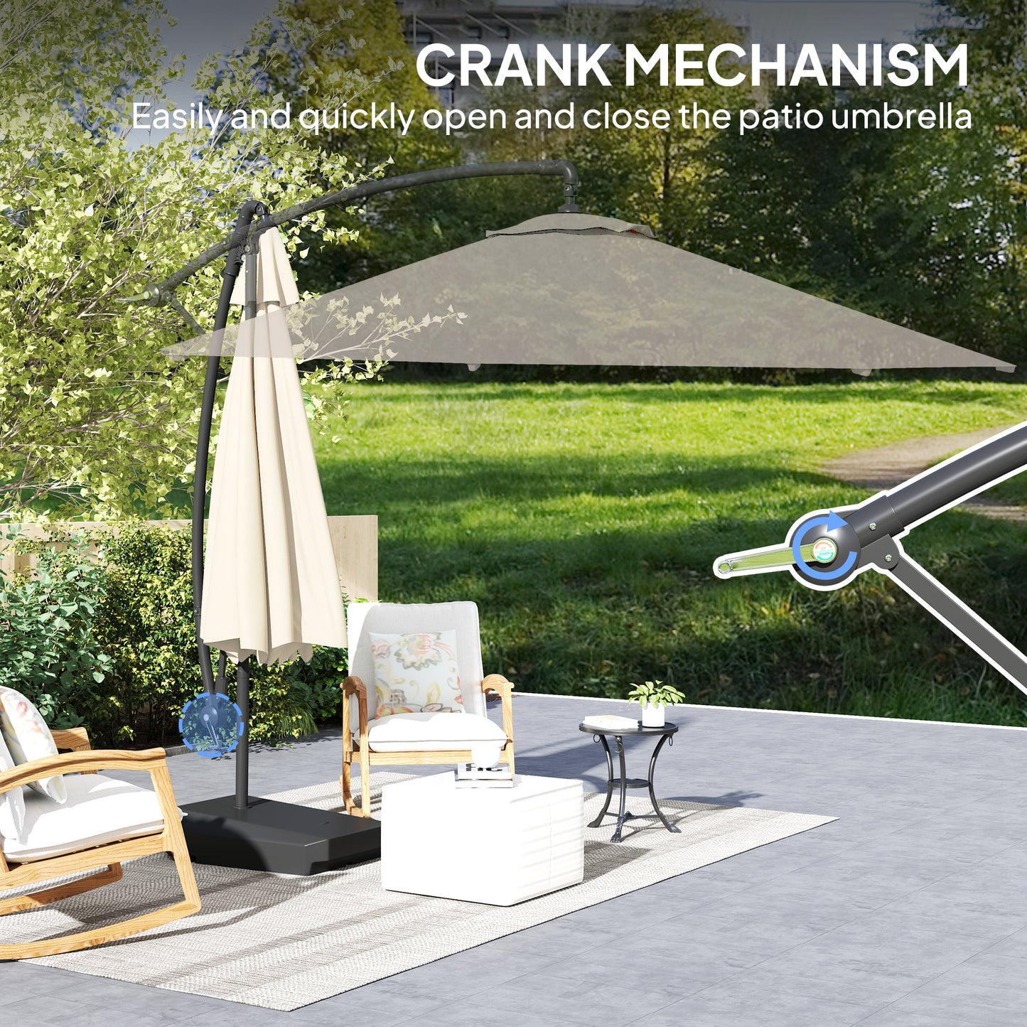 Outsunny 3m Garden Cantilever Parasol With Fillable Base Up To 90kg, Crank Tilt, Wind Straps, UPF50+ Cream, Cover