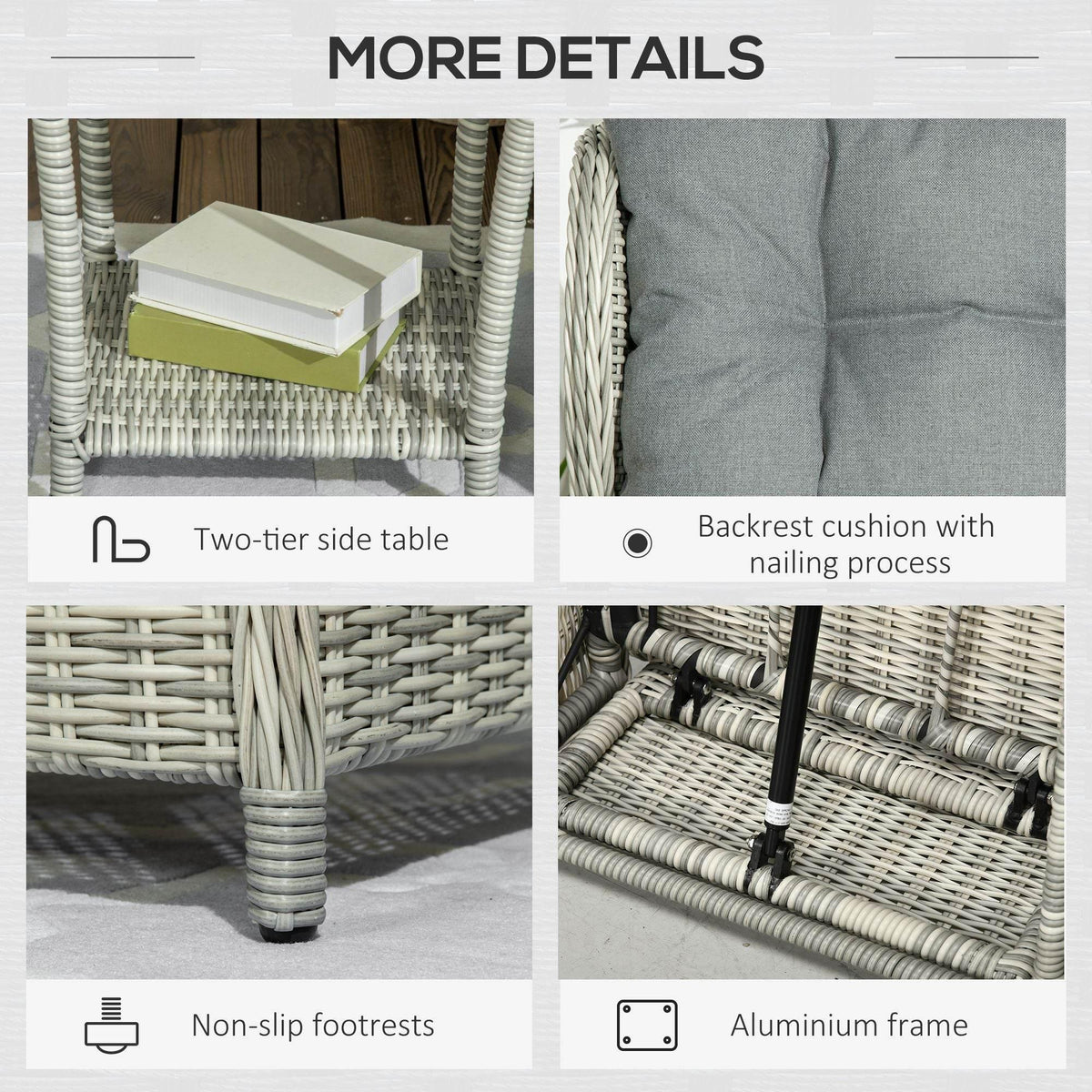 Outdoor wicker recliner details: two-tier side table, cushioned back, non-slip footrests