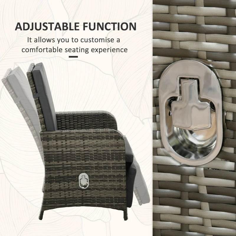 Adjustable gray rattan bistro chair with padded back and side pull