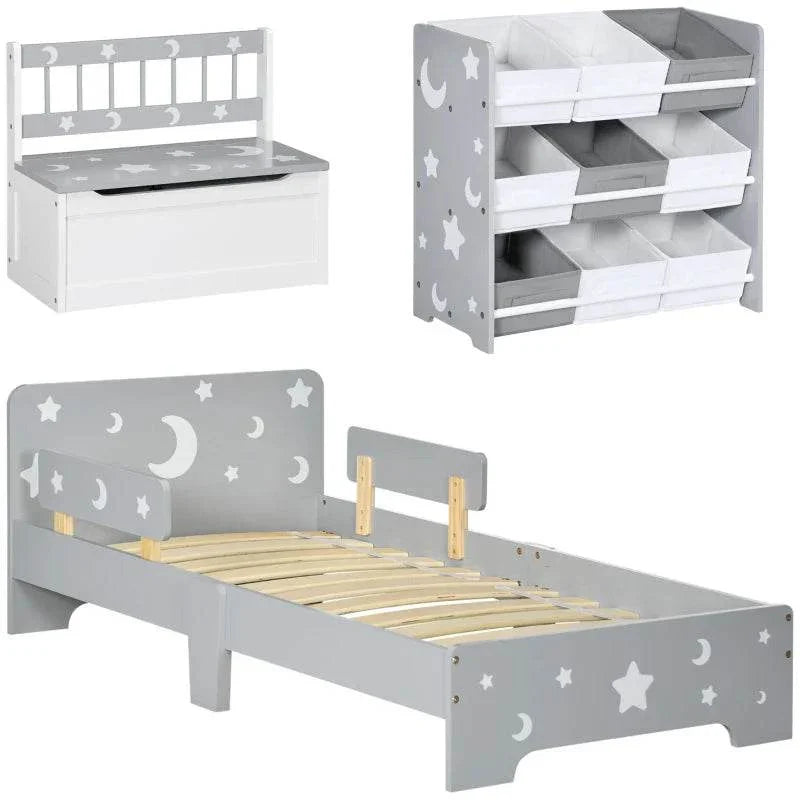 Grey kids bed and storage unit with star-and-moon panels and open shelves