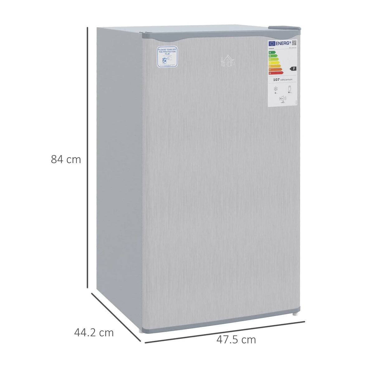 Gray under-counter refrigerator with side measurement markings and ENERGY label