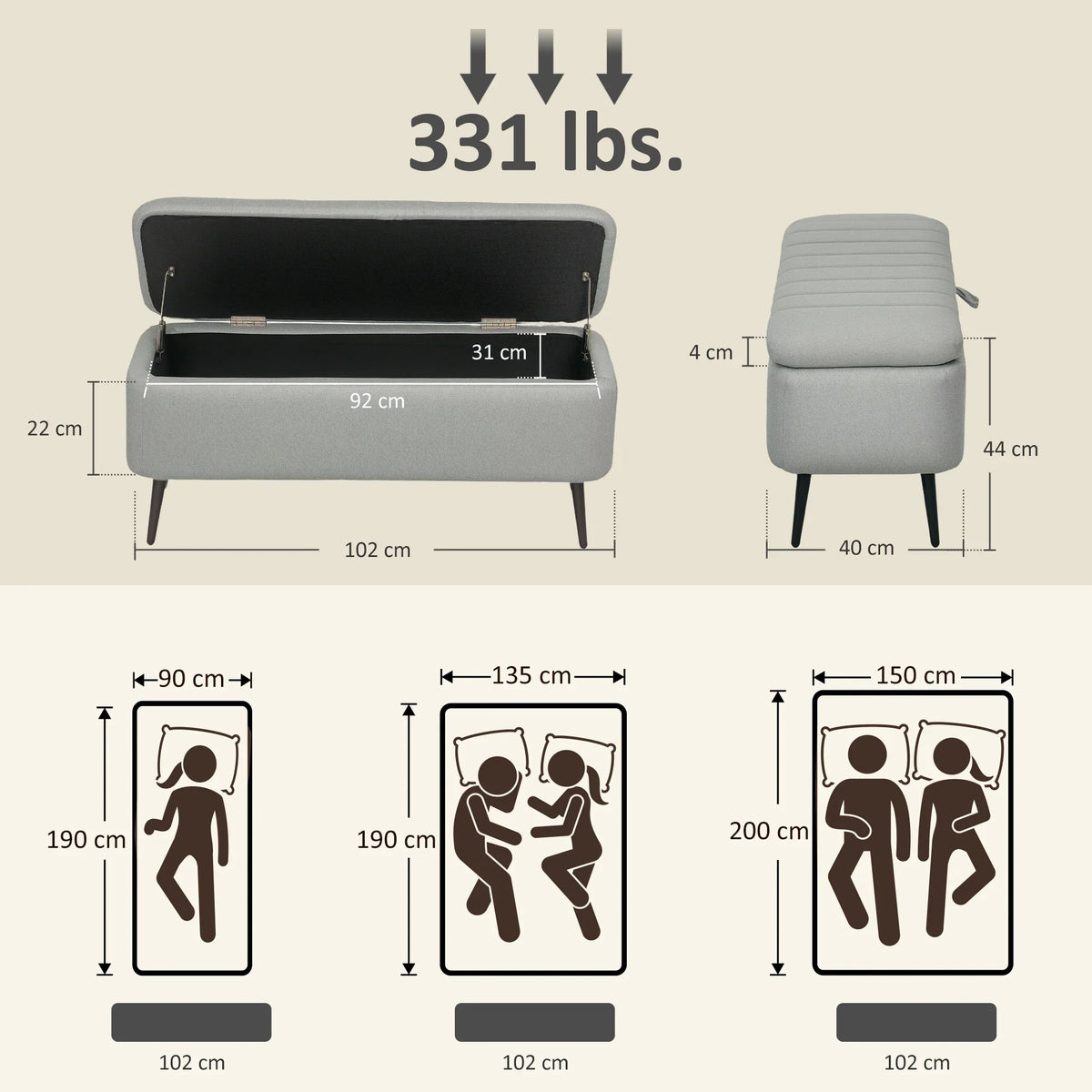 Light grey storage ottoman, diagram view showing open lid and side profile