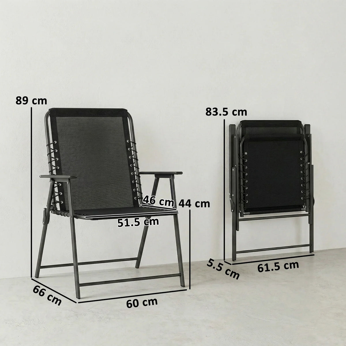 Black folding outdoor chair shown open with high back, armrests, and mesh texteline