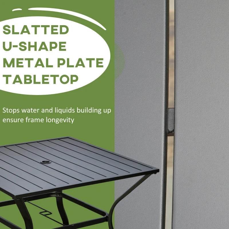 Black slatted U-shaped metal plate tabletop for outdoor dining table