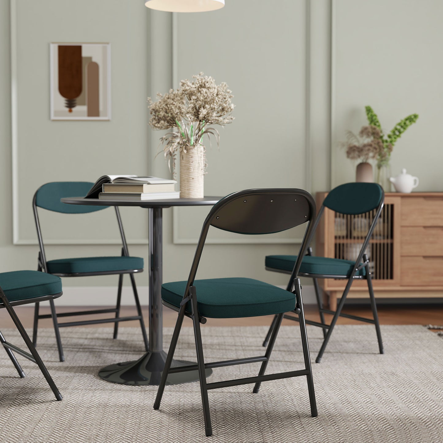 HOMCOM Set Of Four Folding Corduroy Seat Chairs Teal Durable Steel Frame For Indoor And Outdoor Use