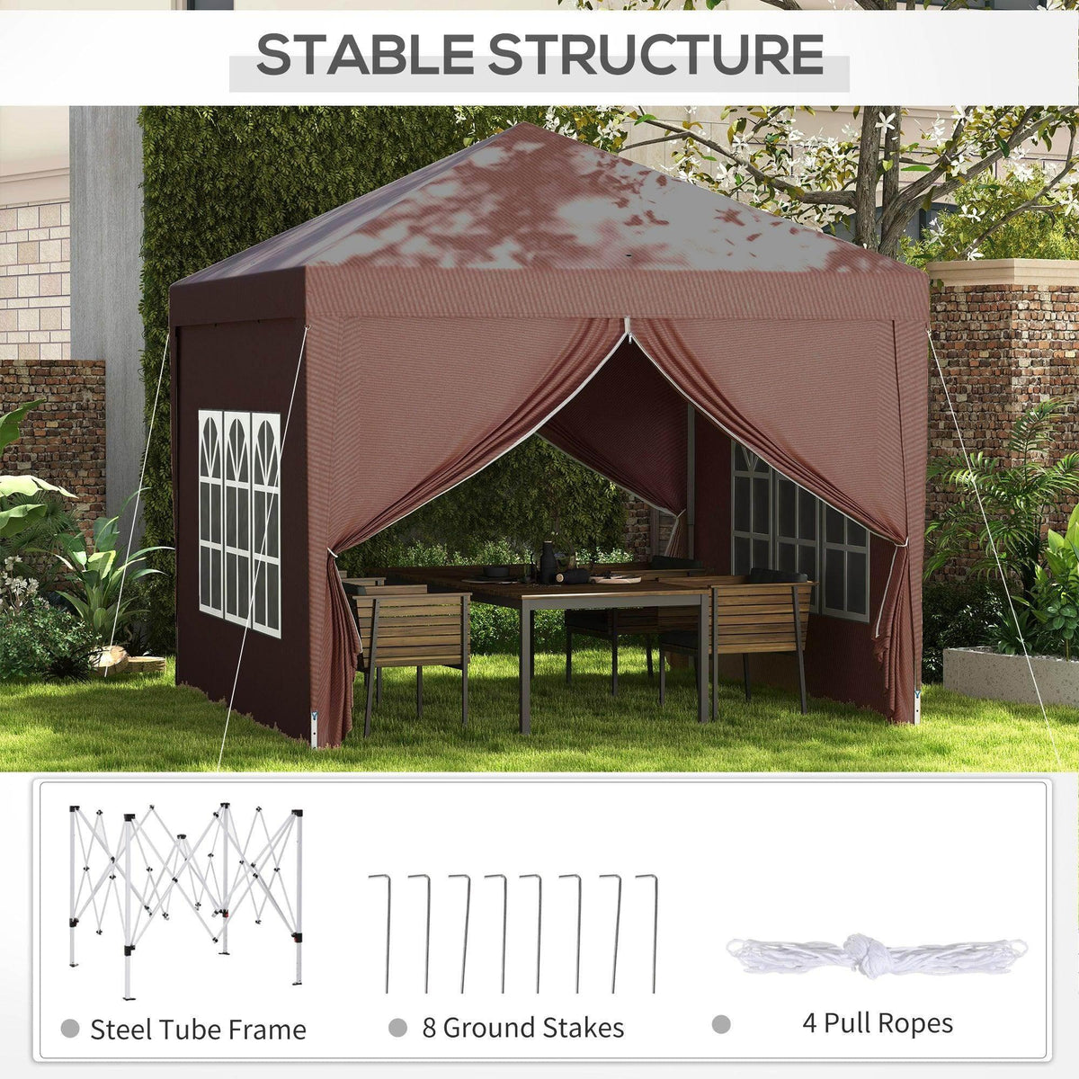 Coffee-brown pop-up gazebo with arched front opening and zippered side curtains