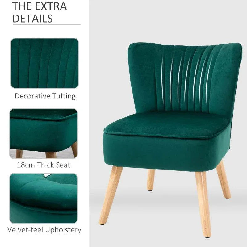 Green velvet accent chair with decorative tufting, thick seat cushion, and wood legs