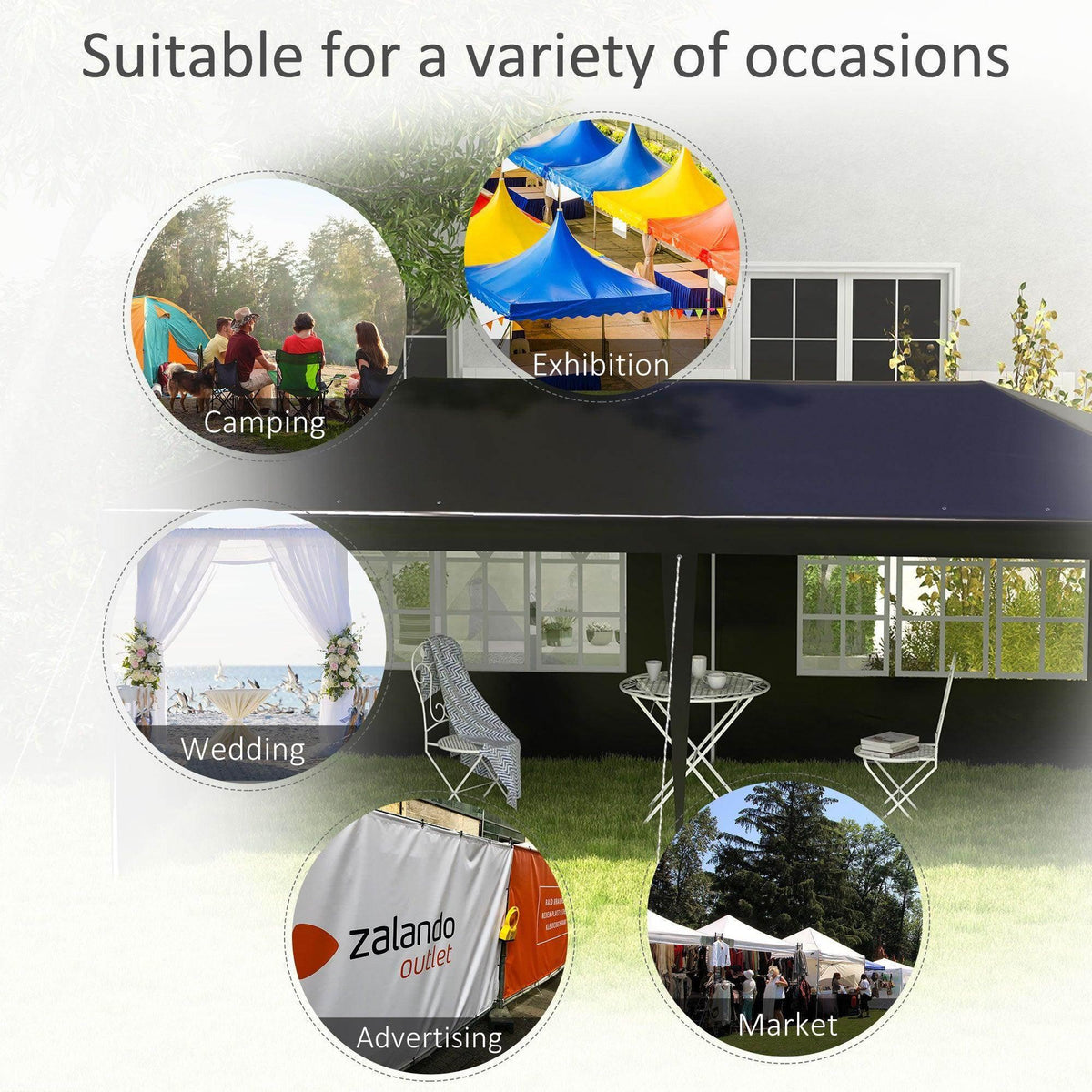 Black garden gazebo tent with clear window panels shown in an outdoor event setting