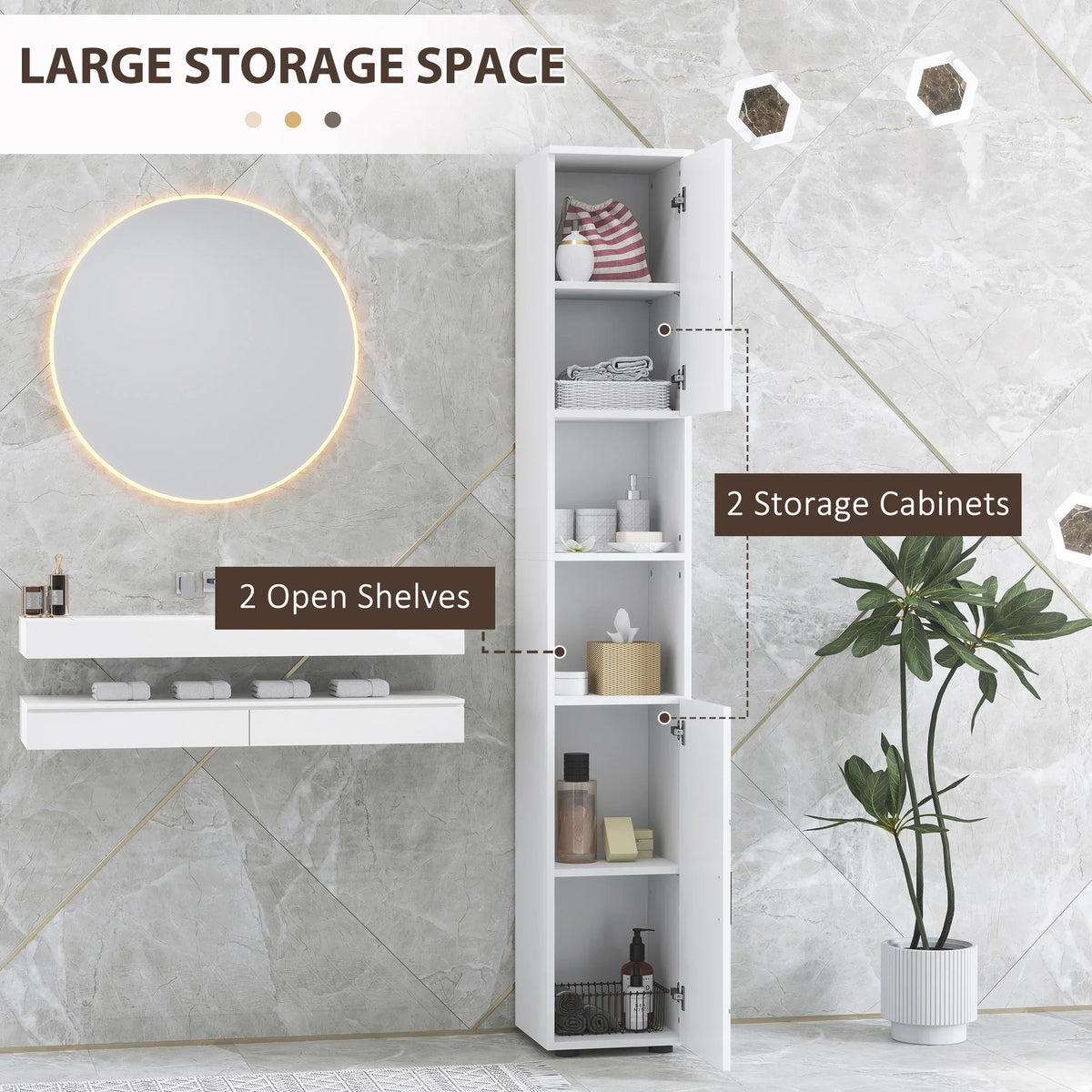 White tall corner bathroom storage cabinet with two open shelves and a vertical cabinet