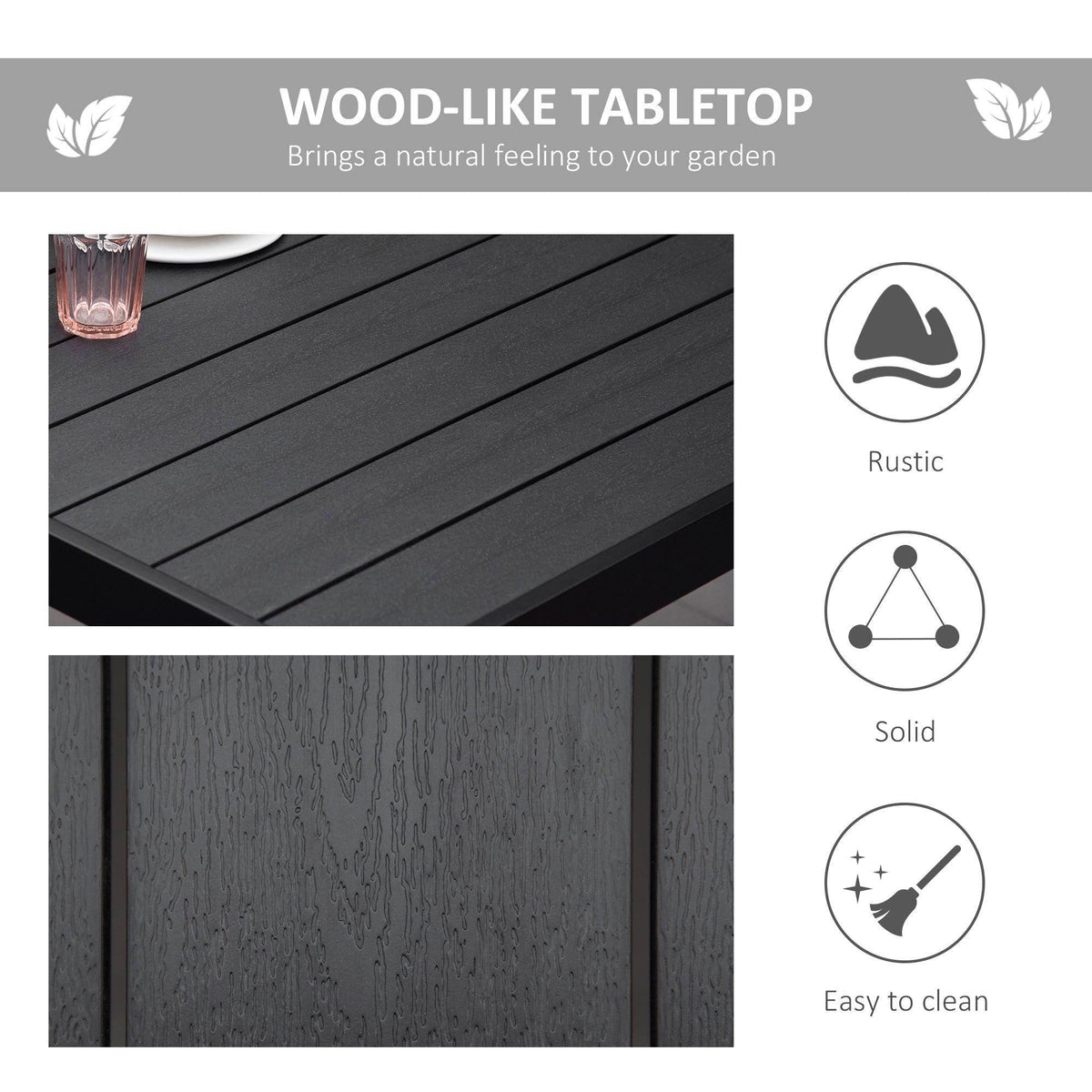 Black faux-wood effect tabletop with textured slat pattern on outdoor dining table.