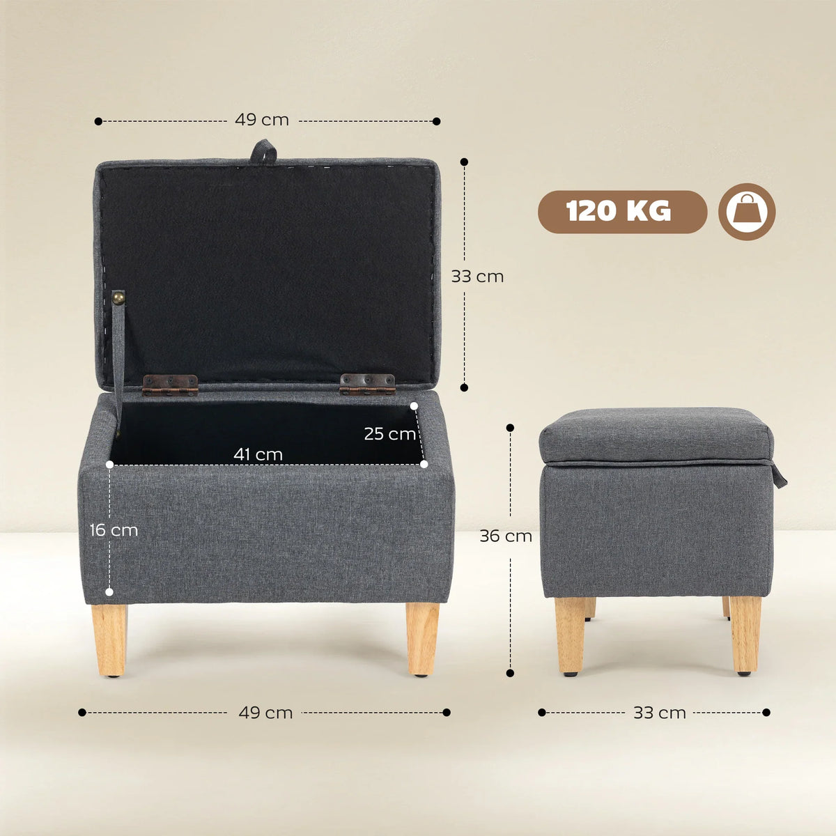 Charcoal grey storage ottoman with open lid; padded seat and wooden legs