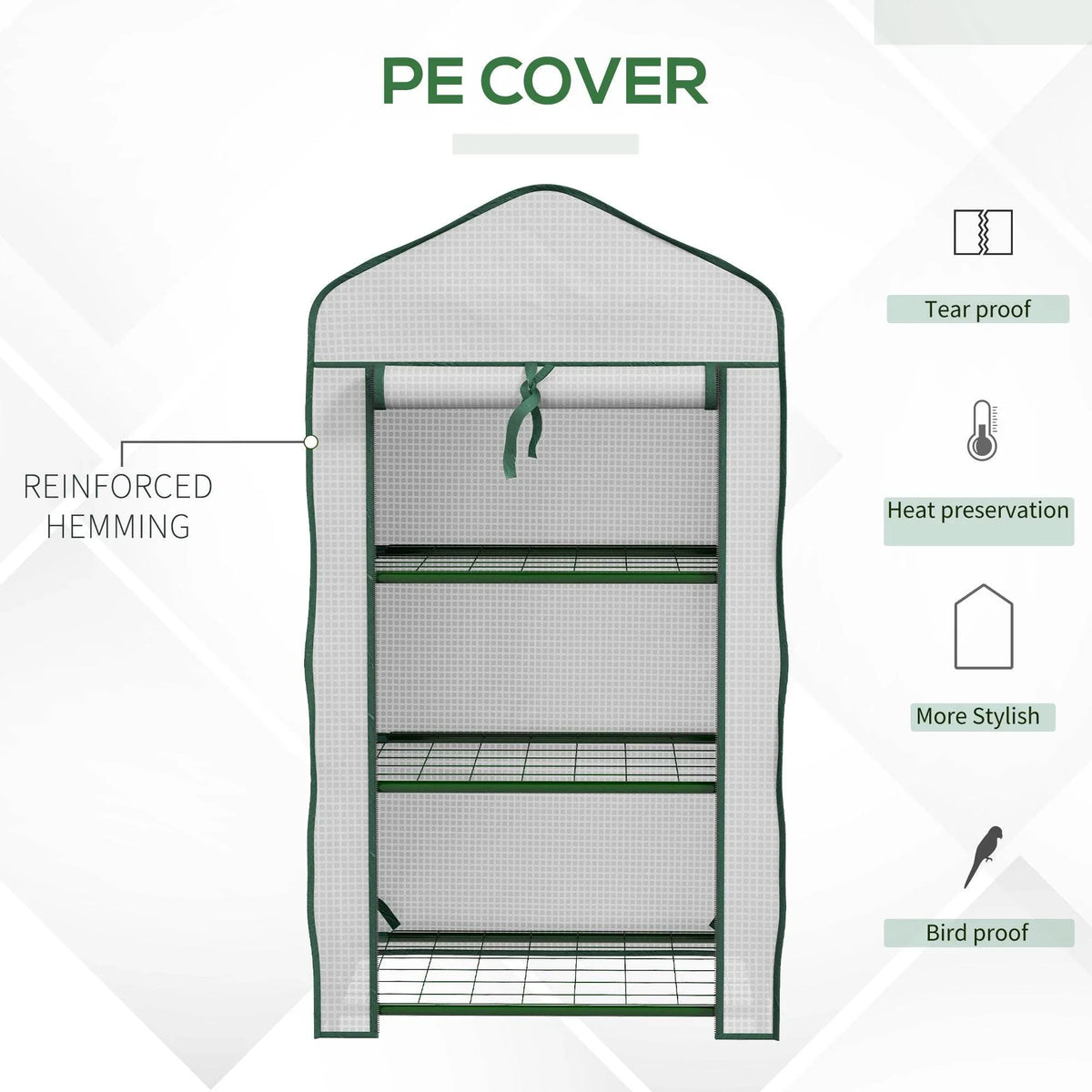 White PE cover mini greenhouse with green-trim frame and three wire shelves