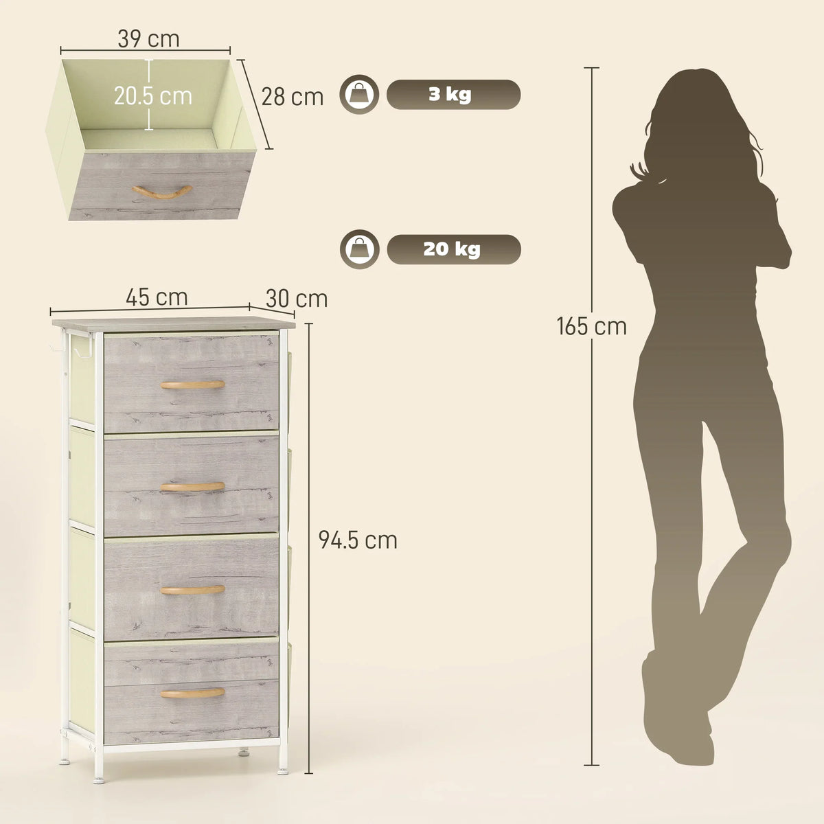 Fabric storage chest with four drawers, steel frame, and overall size diagram