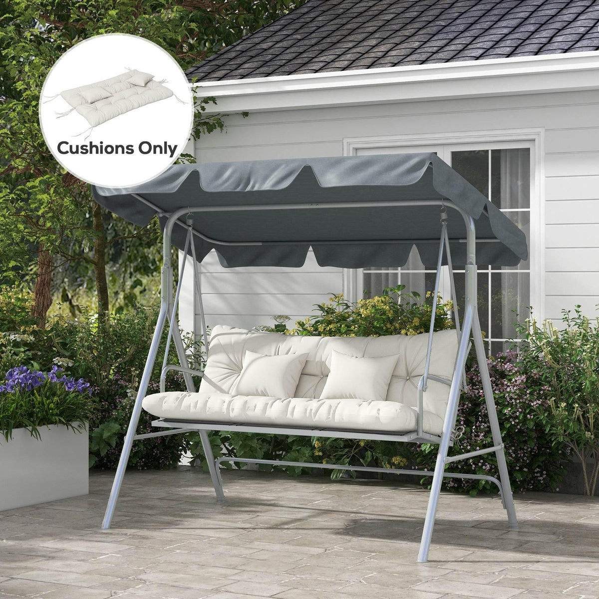 White 4-piece cushion set on outdoor swing bench under canopy