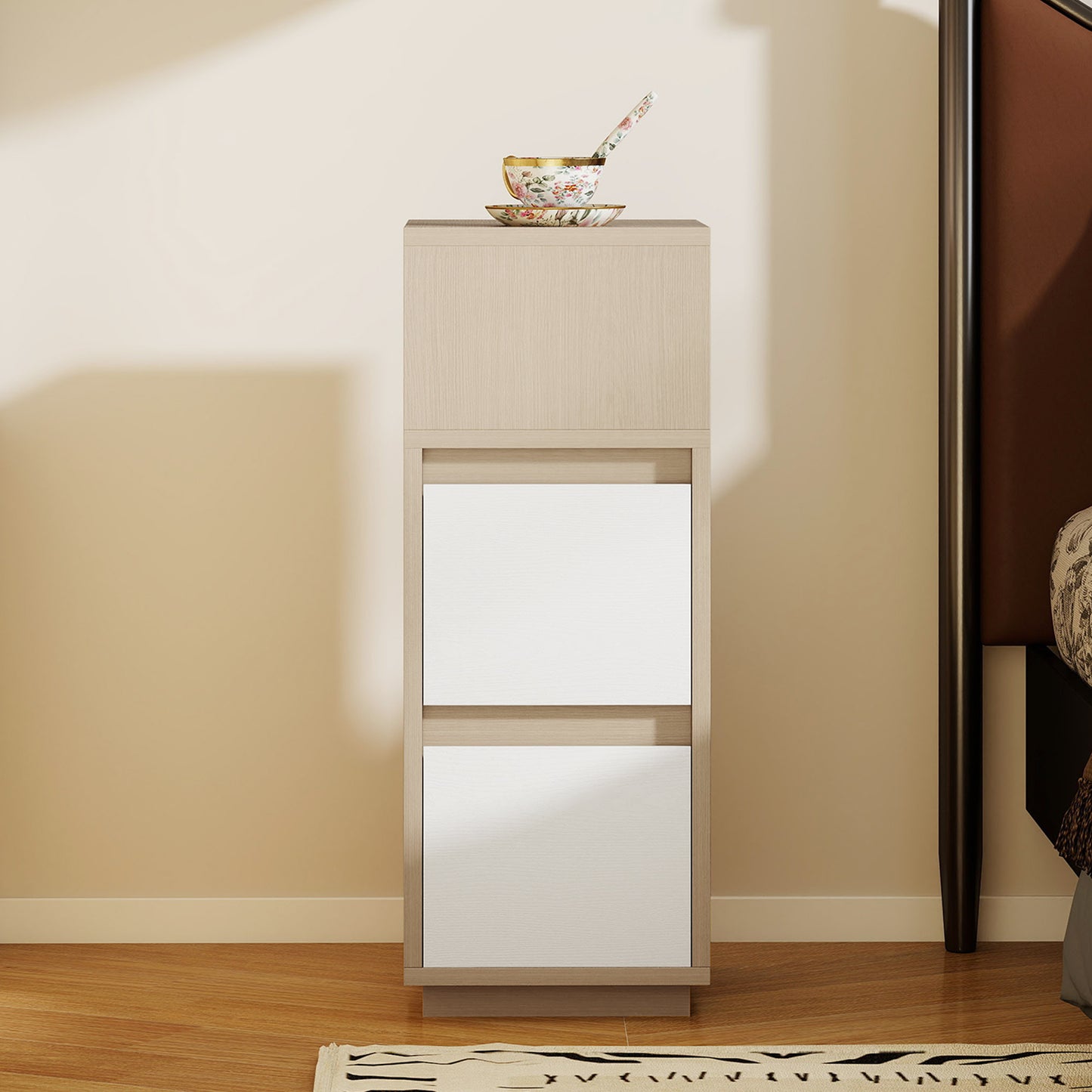 HOMCOM Slim Bedside Table Narrow Cabinet With Open Shelf And Two Drawers Natural Wood Finish For Bedroom And Living Room
