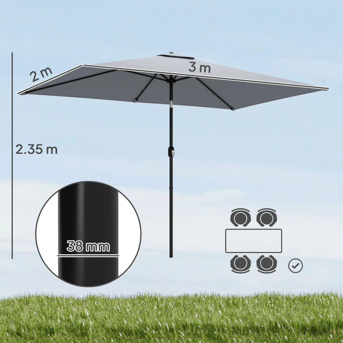 Light grey patio parasol with tilting canopy, center pole, and crank handle detail