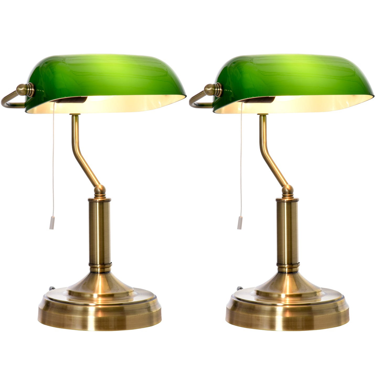 HOMCOM Bankers Table Lamps Set Of 2 With Bronze Base And Green Glass Shades Pull Rope Switch For Living Room