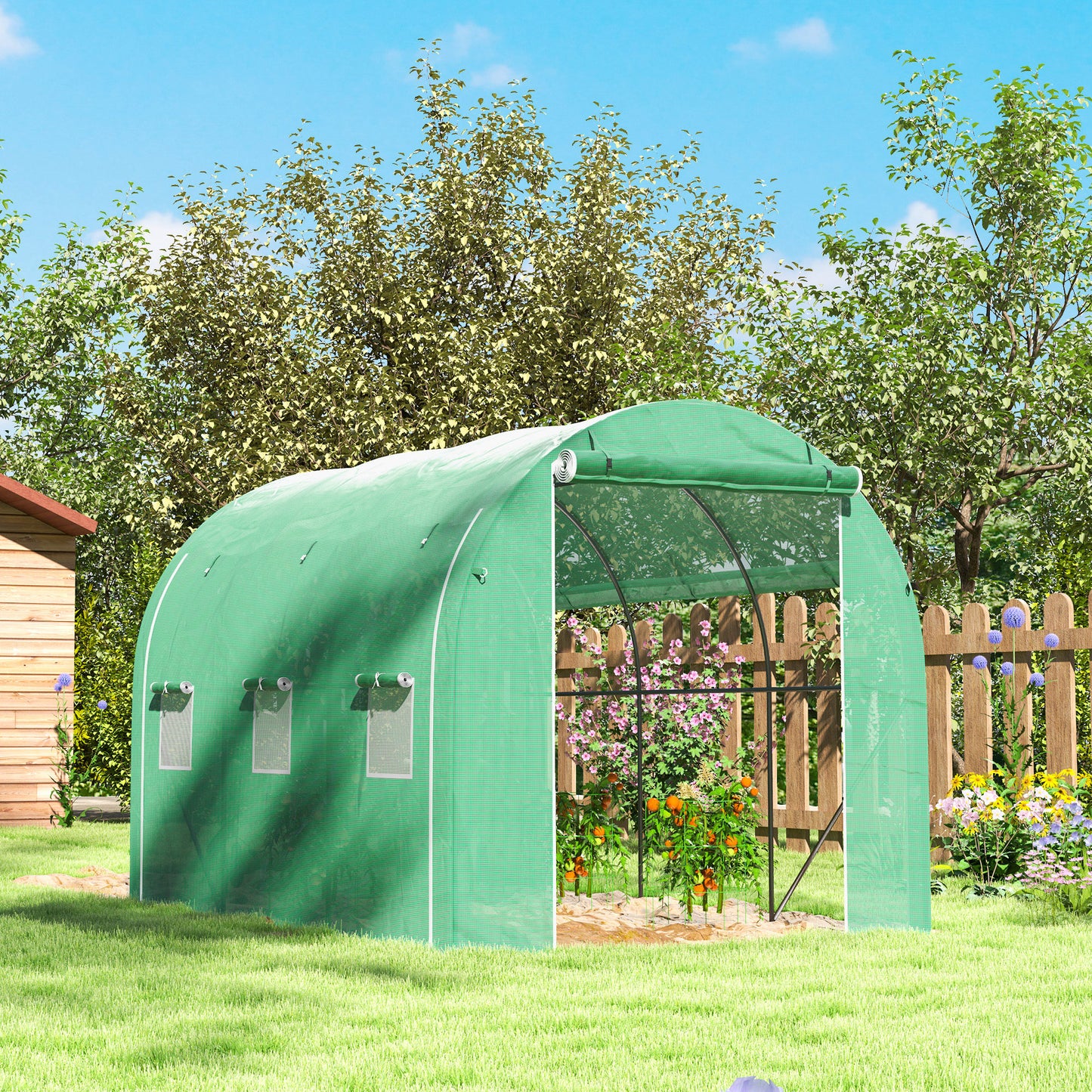 Outsunny 296 x 196cm Steel Frame Polytunnel Greenhouse for Outdoor Gardening and Shelving Green