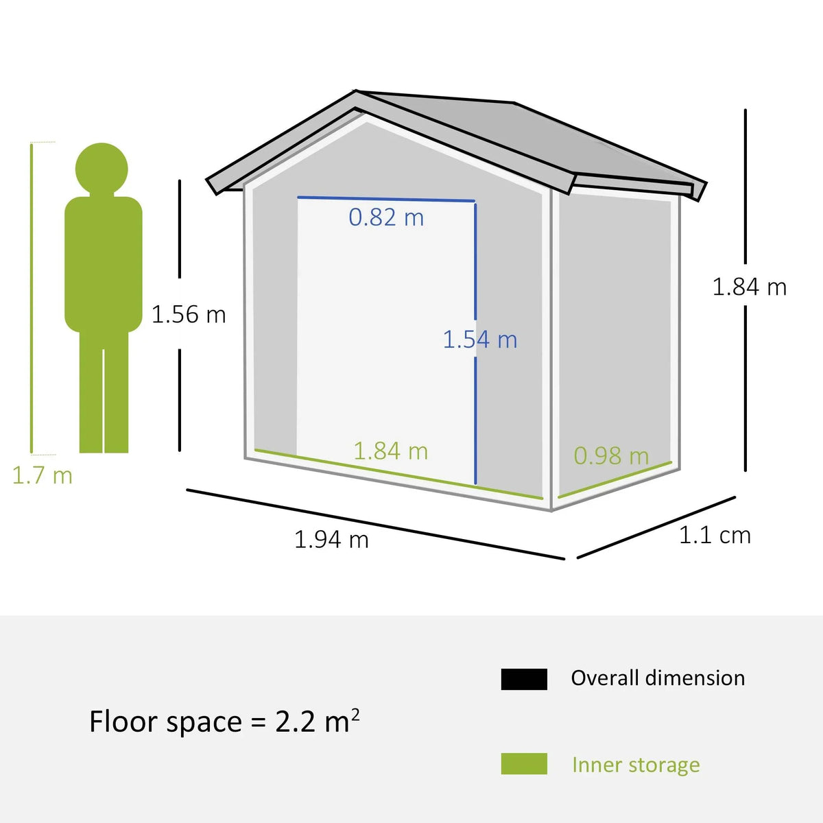 Green metal garden shed size diagram with floor space and height measurements