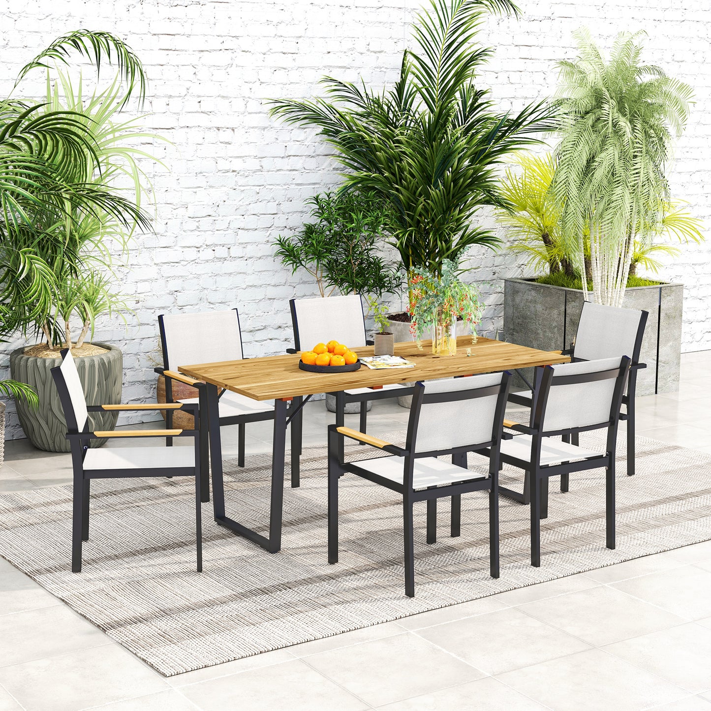 Outsunny 6 Seater Wooden Garden Dining Table 175x80 cm Outdoor Table With 5 cm Parasol Hole Slatted Top Brown