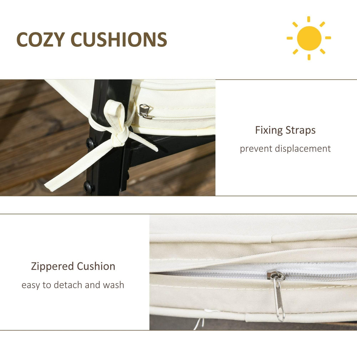 Cream outdoor dining cushion with fixing straps and zipper