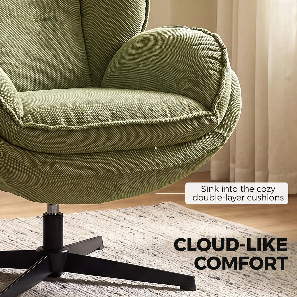 Green upholstered swivel chair arm and thick seat cushion with matching footstool