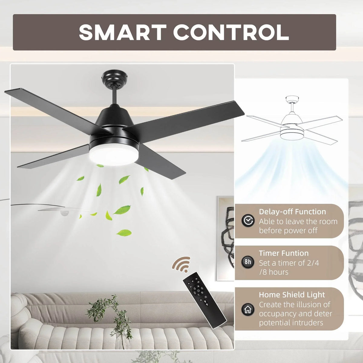 Black 5-blade ceiling fan with LED light and remote control