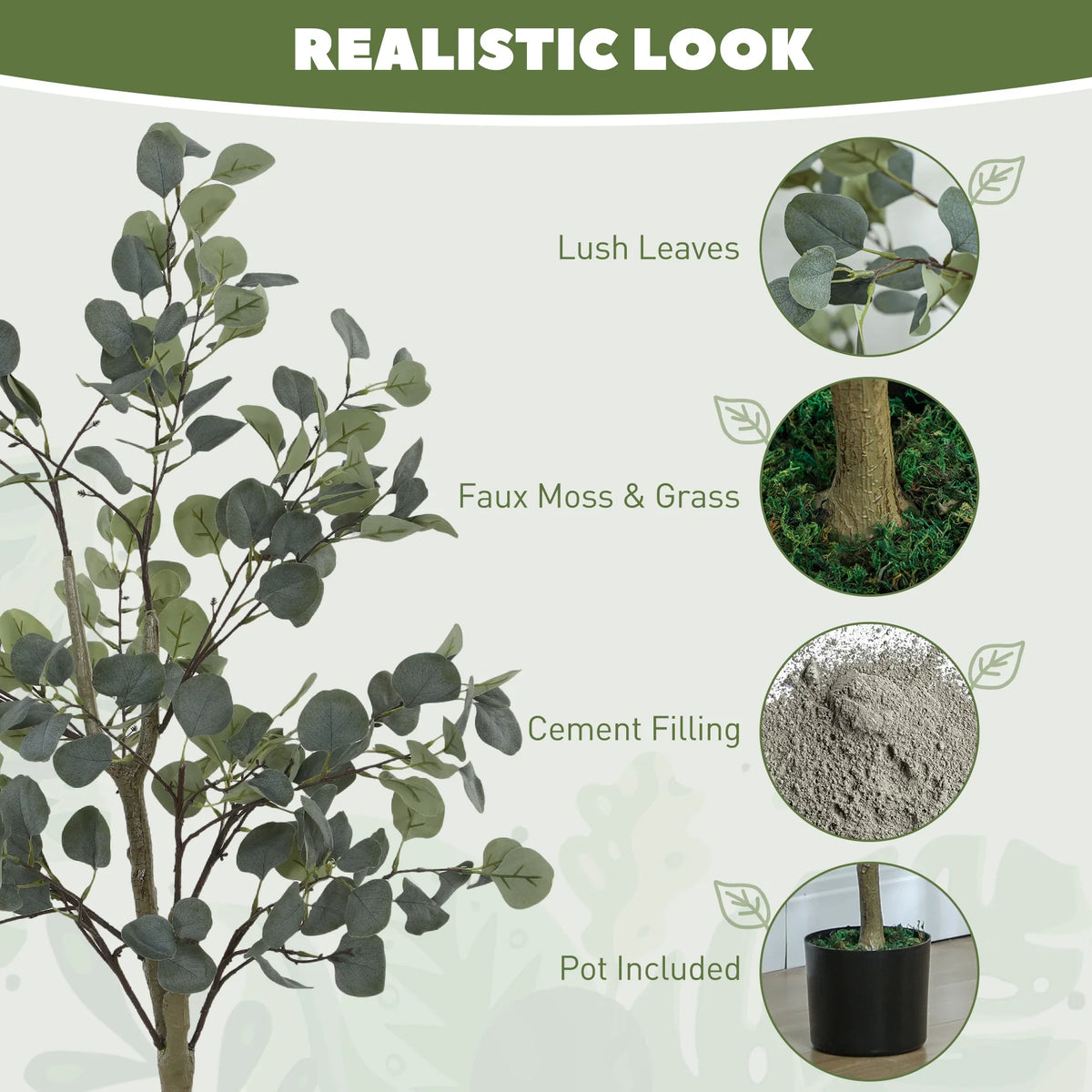 Realistic faux eucalyptus tree with gray-green leaves in a black pot with textured base