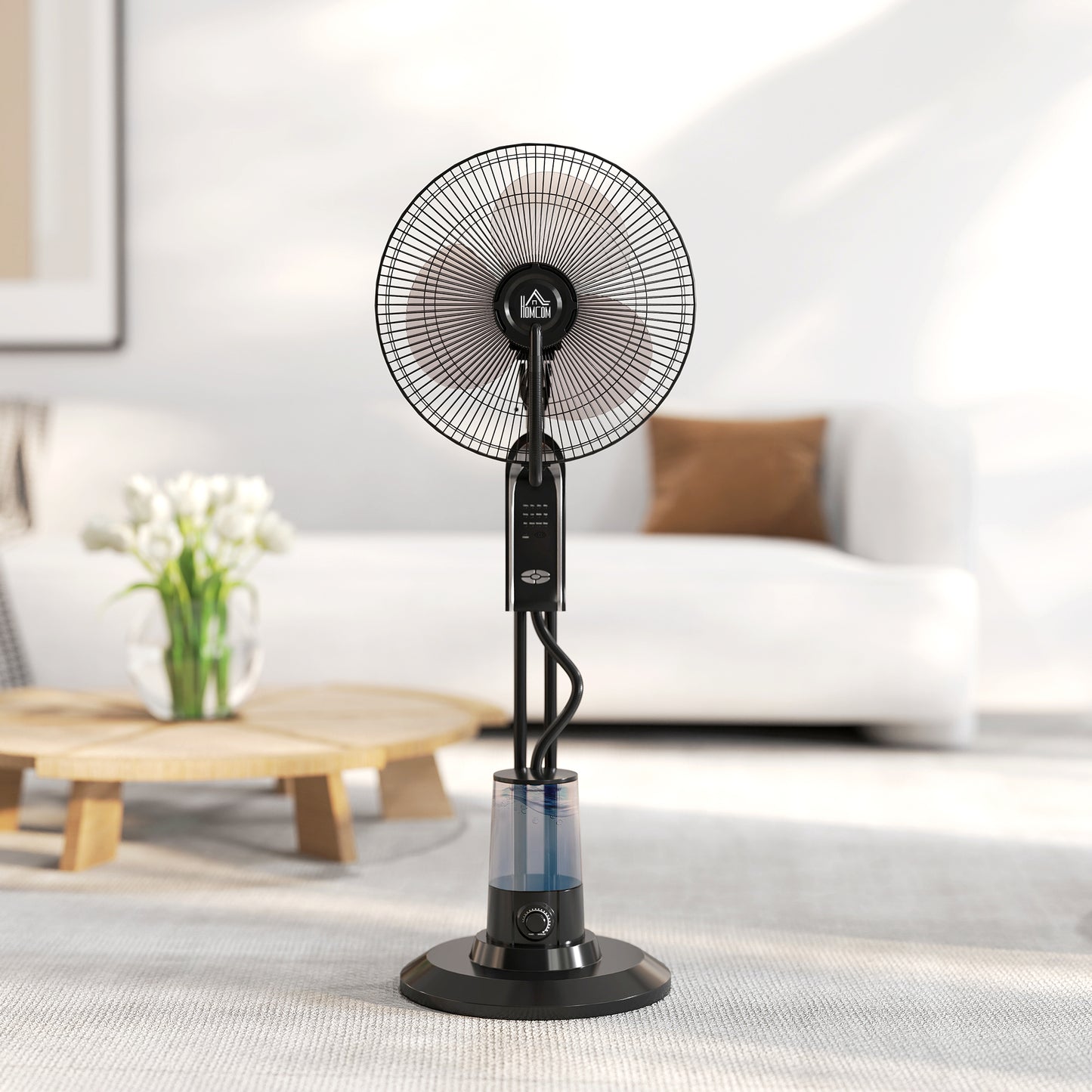 Homcom Pedestal Misting Fan With Water Spray 70 Degree Oscillation Tilt Head 3 Speeds 3 Modes Adjustable Mist 3.2L Tank