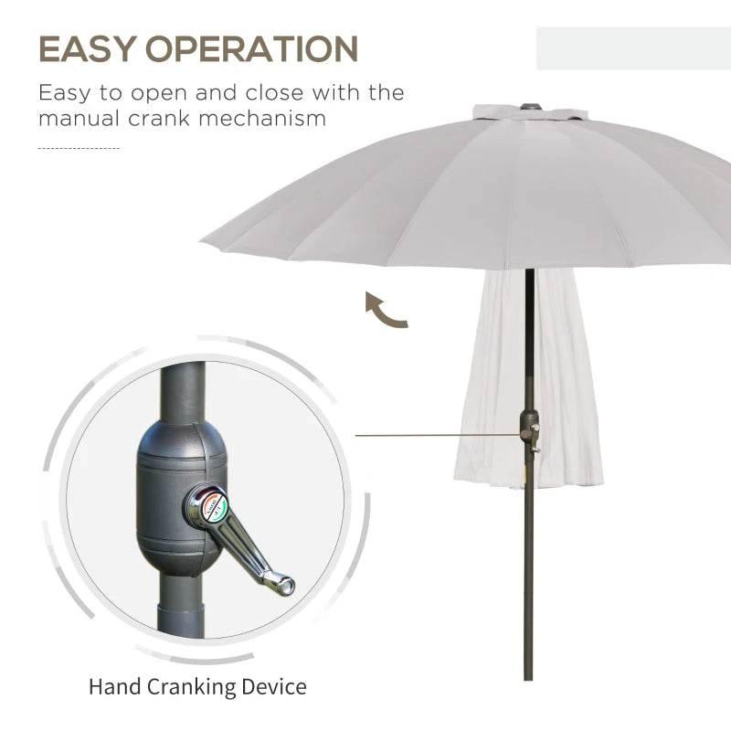 Light grey patio parasol with hand-crank tilt mechanism on black pole