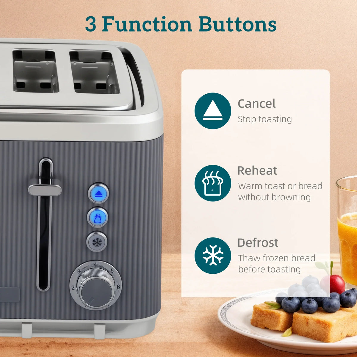 Grey 4-slice toaster with cancel, reheat, and defrost controls