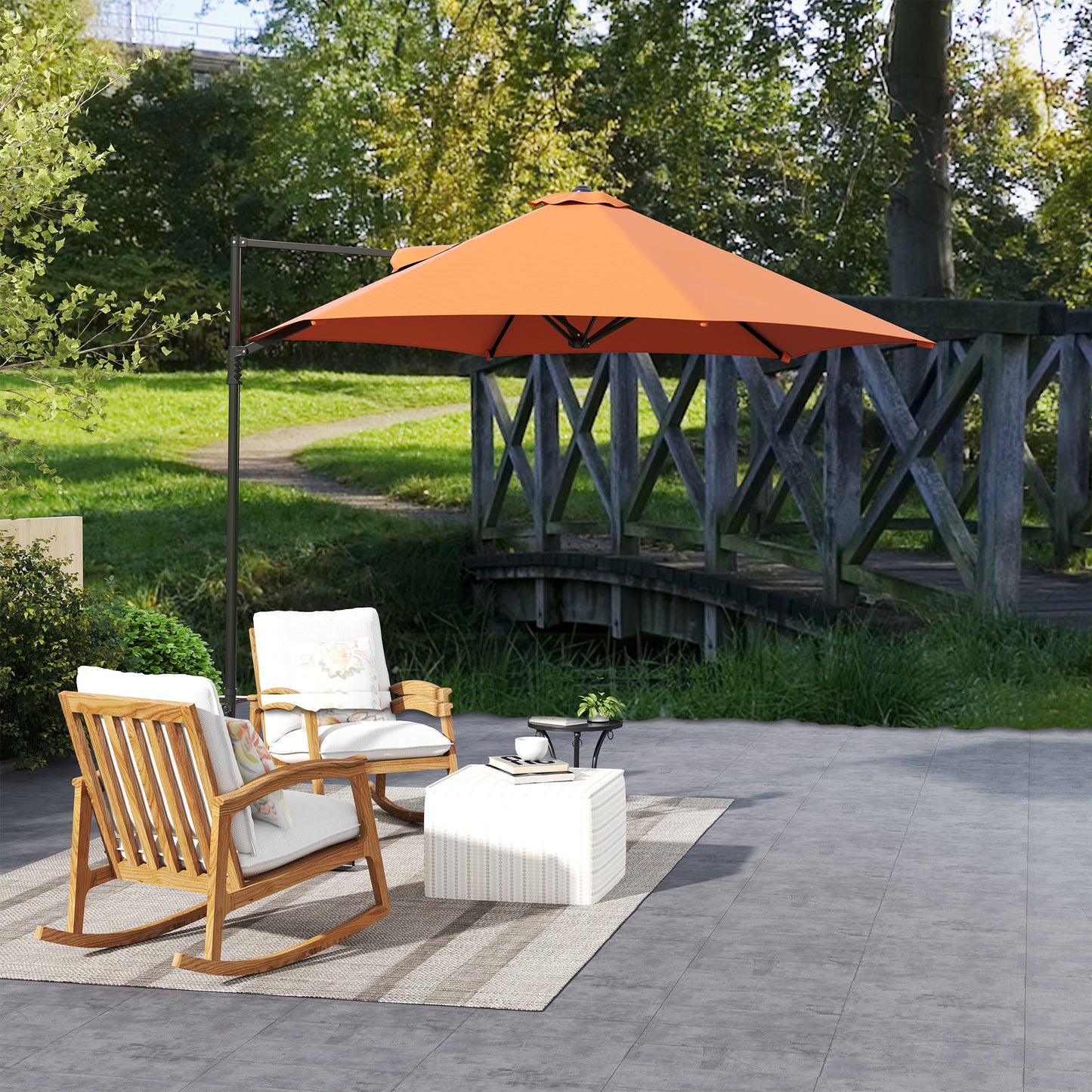 Outsunny 2.5m Rotating Cantilever Parasol With Base Orange 256 cm Canopy And 360 Degree Rotation
