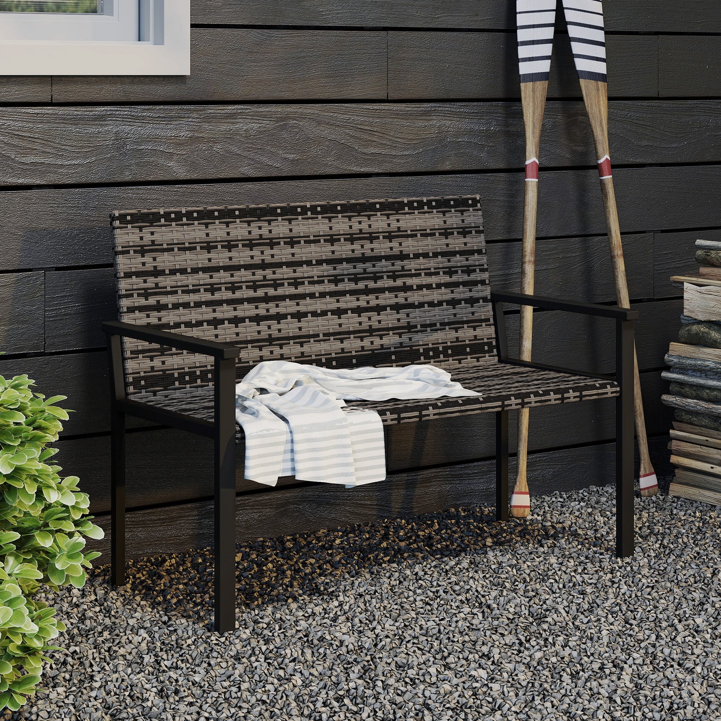 Outsunny Two Seater Rattan Garden Bench Mixed Grey Weather Resistant Steel Frame With Quick Dry Padding
