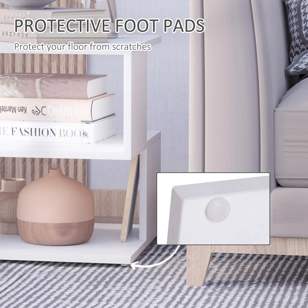 White square side table with protective foot pads and two open shelves for storage.