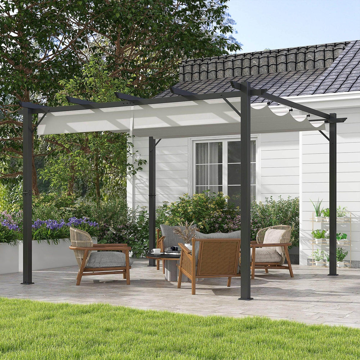 Light grey aluminum pergola with retractable canopy and four dark posts for patio shade