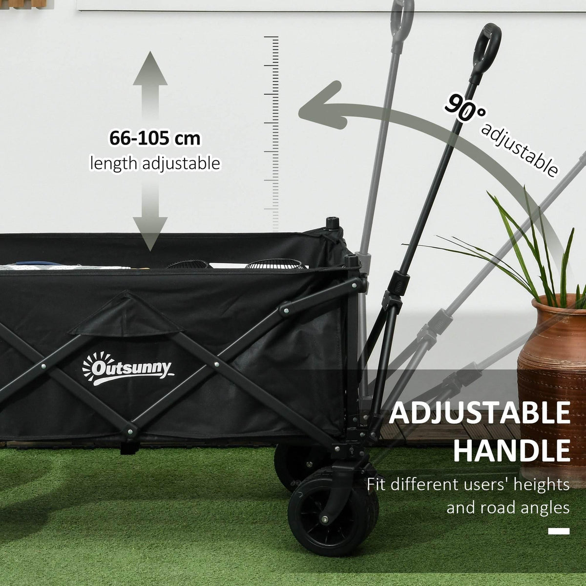 Black garden wagon cart with height-adjustable handle and four caster wheels