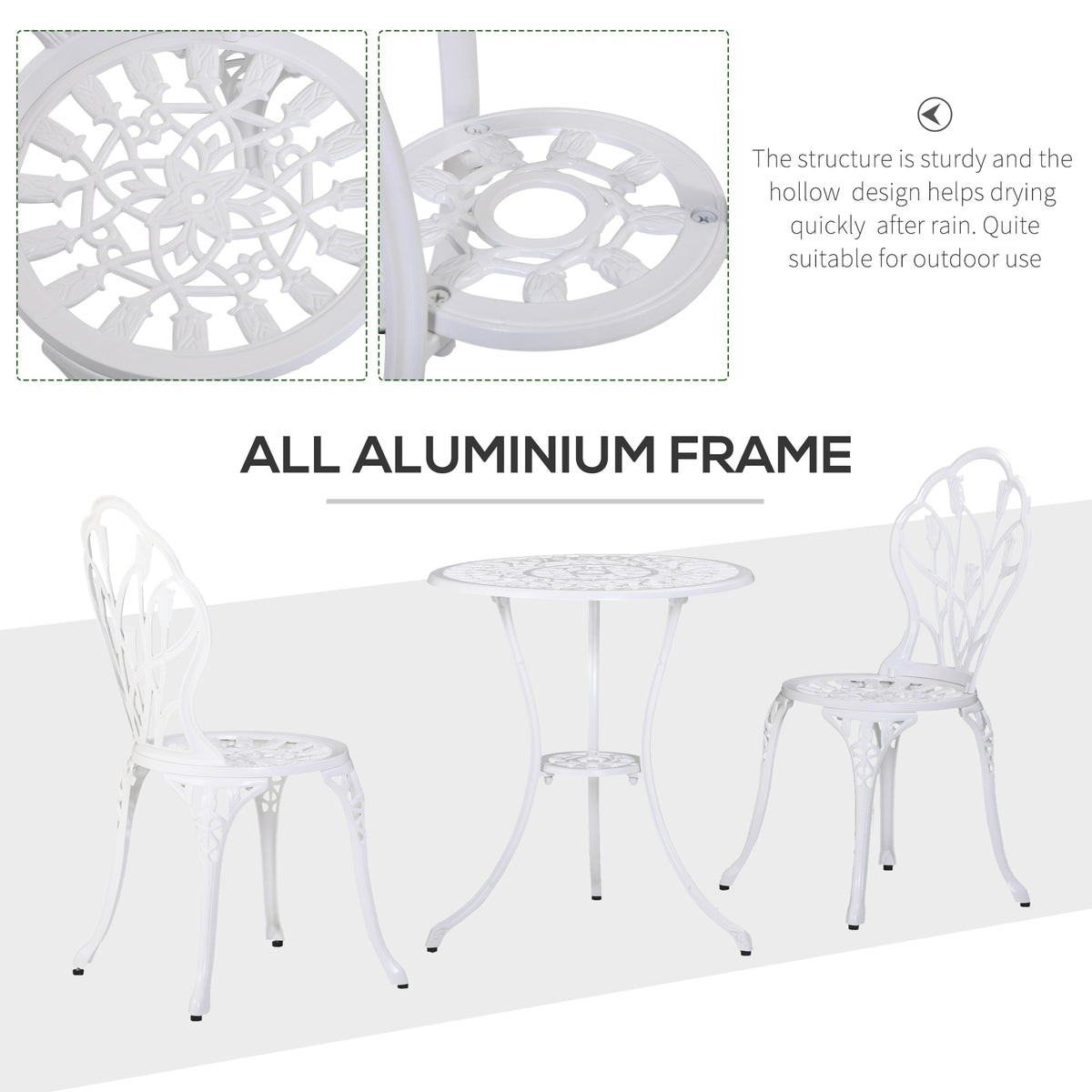 White aluminum bistro set with pedestal table and ornate chairs with cutout patterns