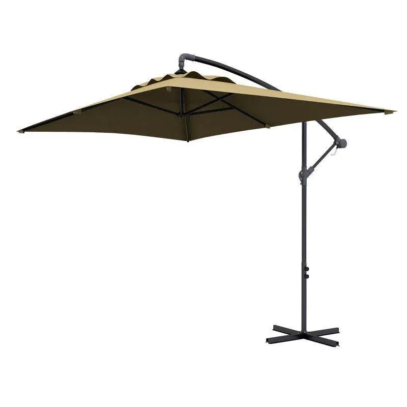 Cantilever patio parasol with dark-tan canopy and black cross base