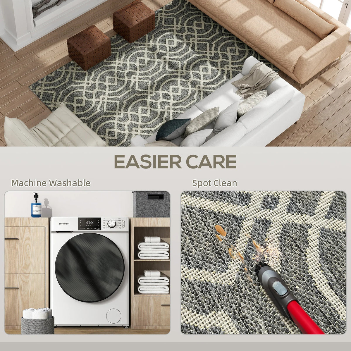 Grey geometric area rug; textured lattice pattern, machine-washable care.