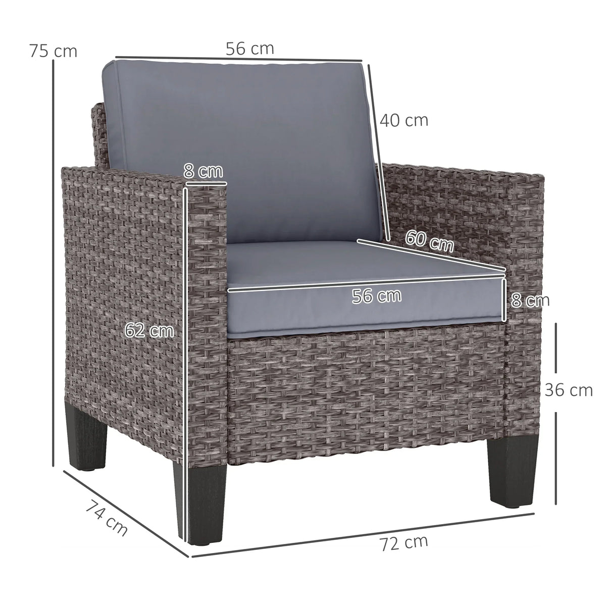 Grey rattan outdoor armchair with dark grey cushions, shown with size dimensions