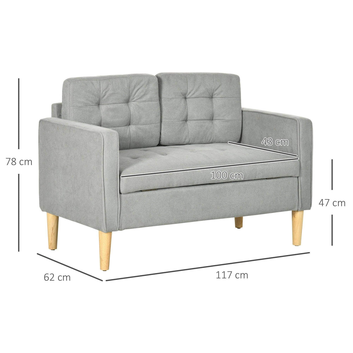 Light grey loveseat sofa with tufted back cushions and pull-out storage bench