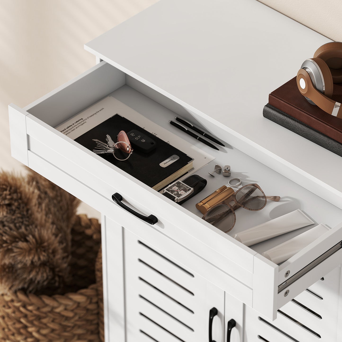 HOMCOM White Shoe Cabinet With Louvered Doors And Adjustable Shelves Modern Storage With Drawer