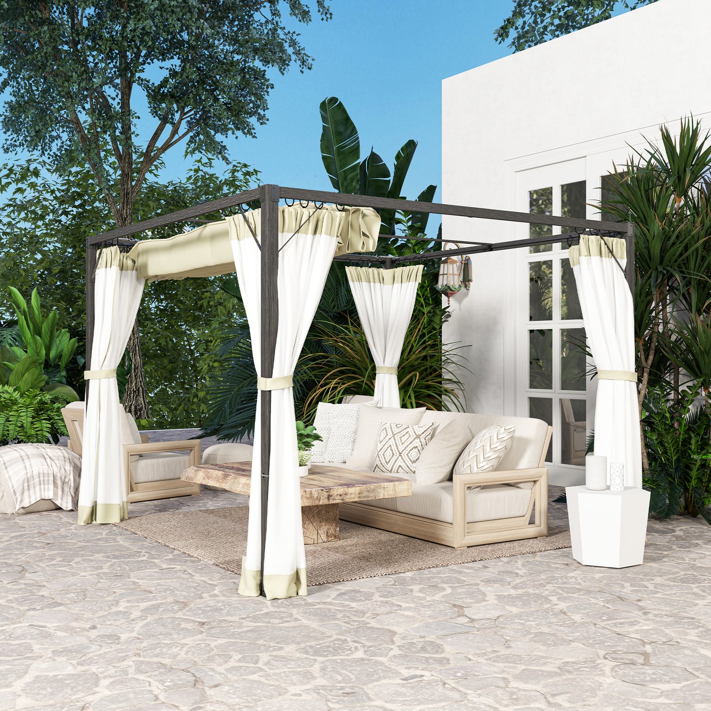Outsunny 3 x 3m Aluminium Frame Pergola With Retractable Roof For Outdoor Shade Shelter Khaki