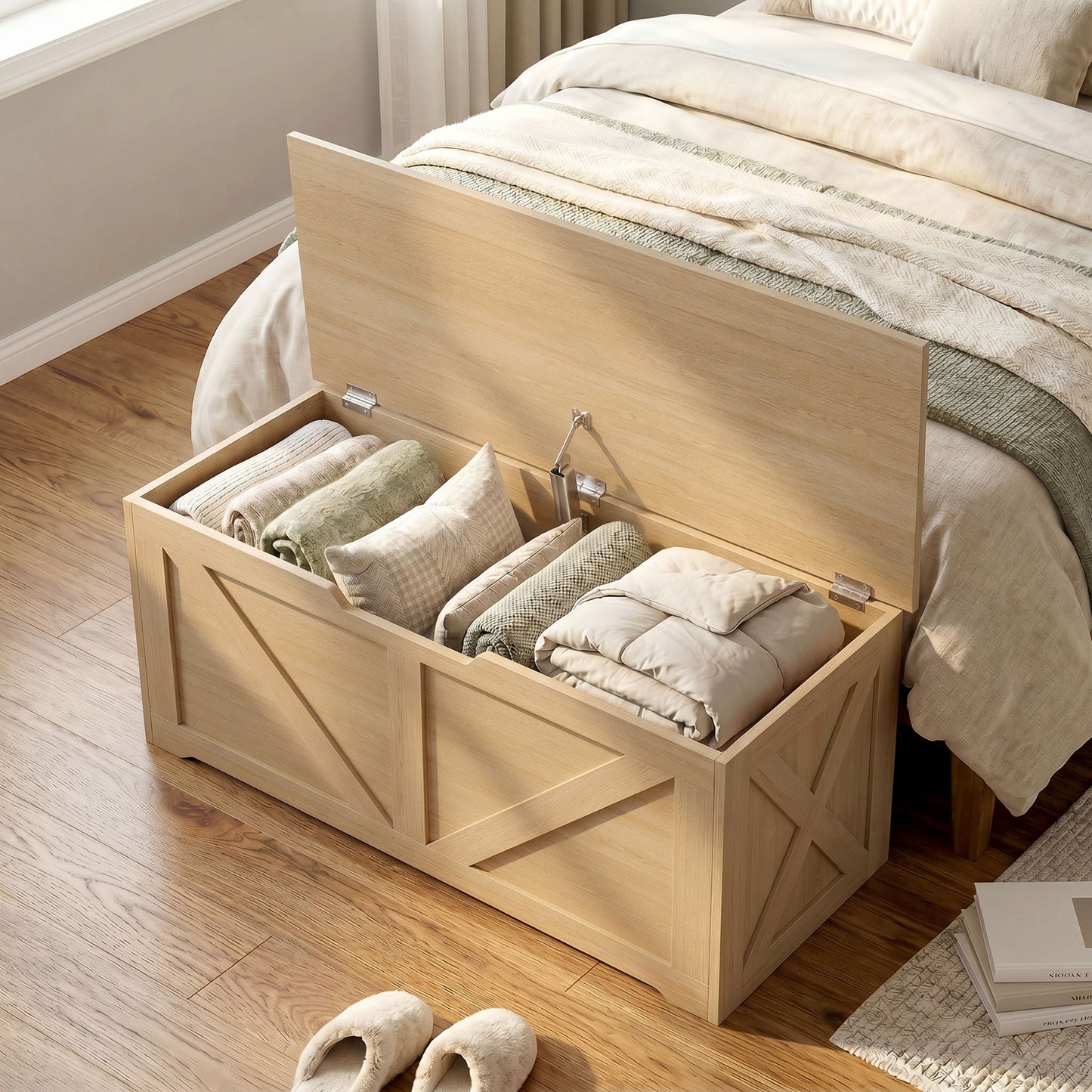 HOMCOM 100L Home Storage Box With Safety Hinge Nature Wood Finish Durable Seat Storage Chest Bench