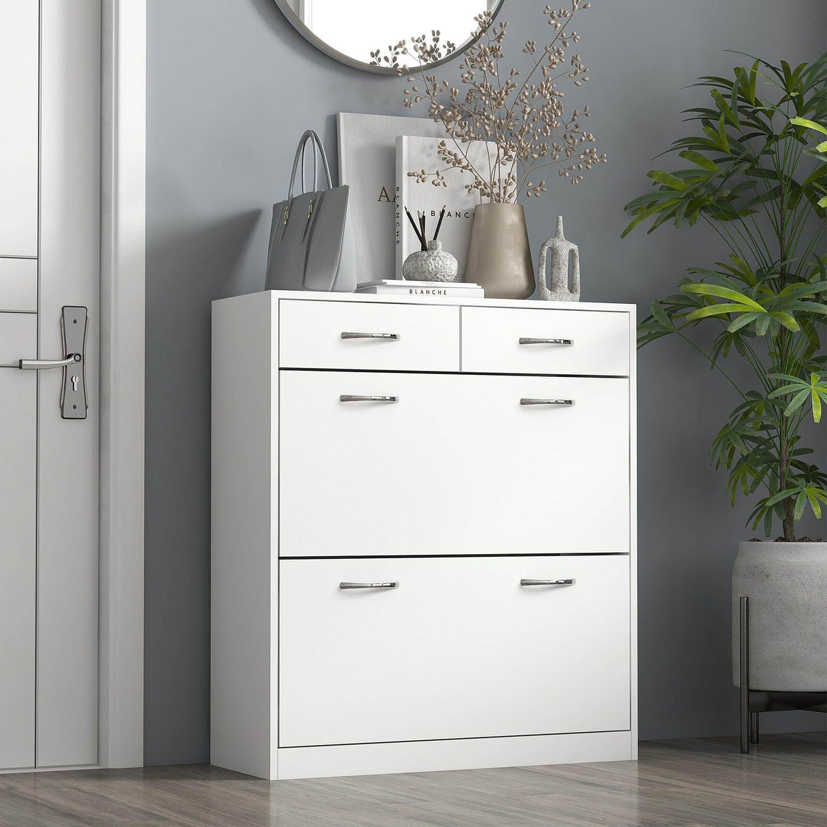White narrow shoe cabinet with 2 flip drawers and 4-door-style storage sections