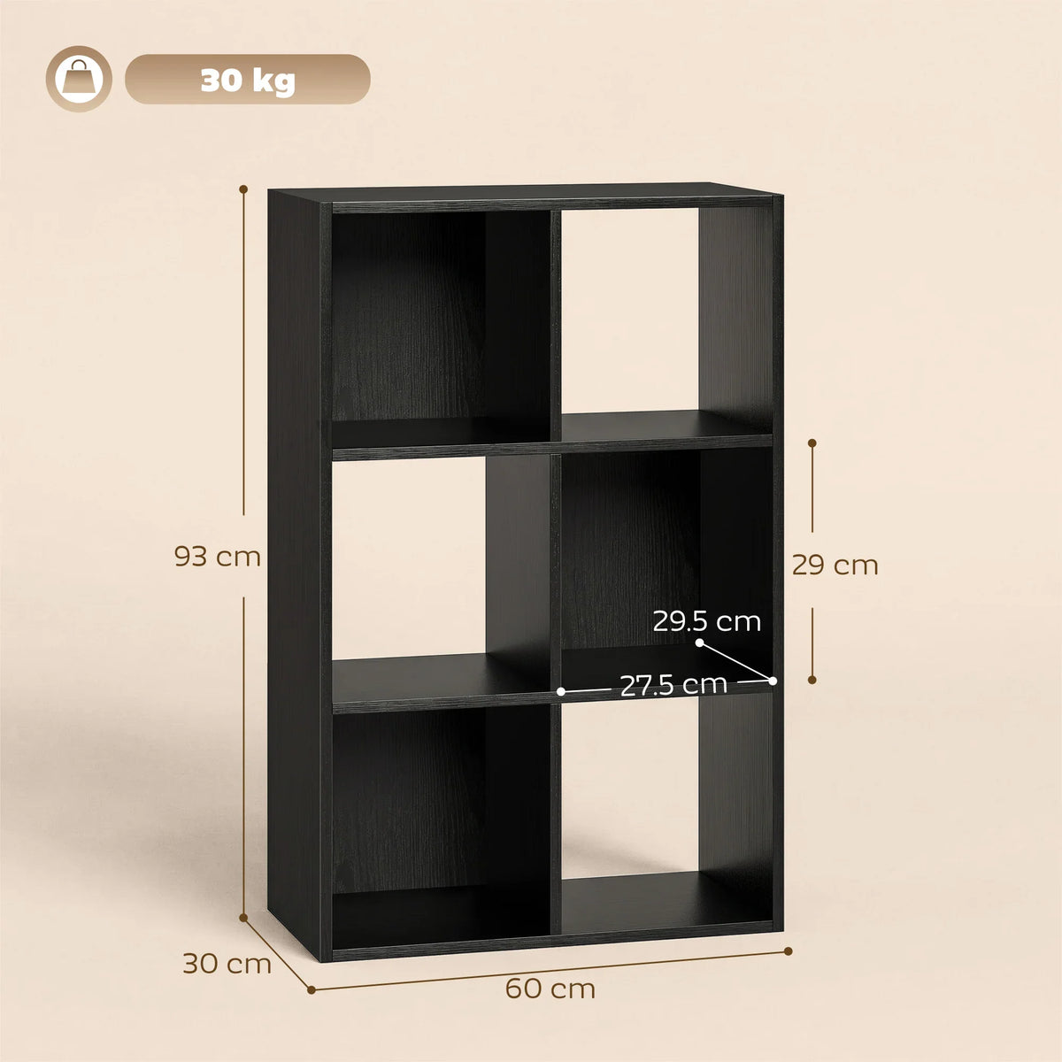 Dark wood-effect 6-compartment storage bookcase with open cubbies