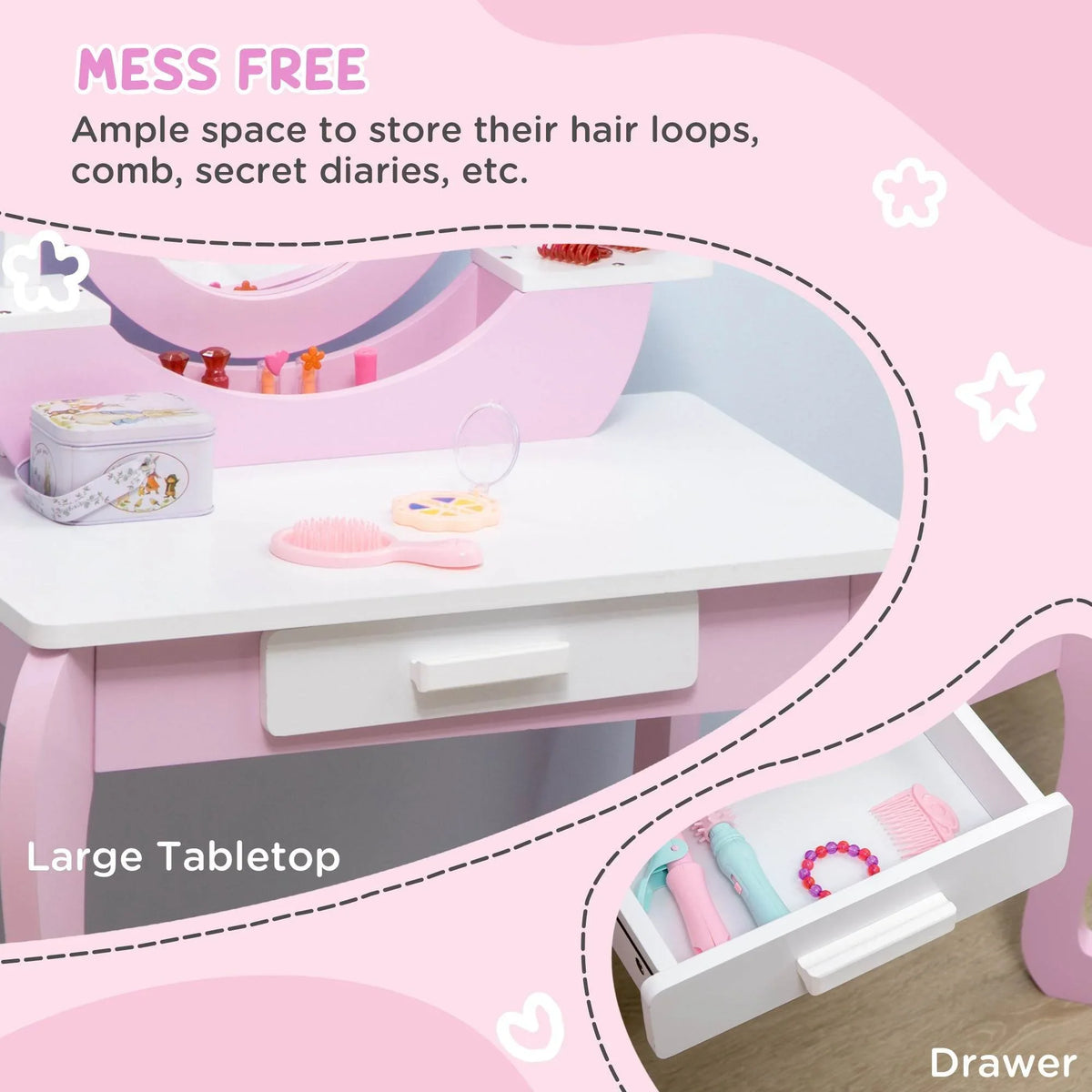 Pink vanity table with open top storage compartments and a pull-out drawer