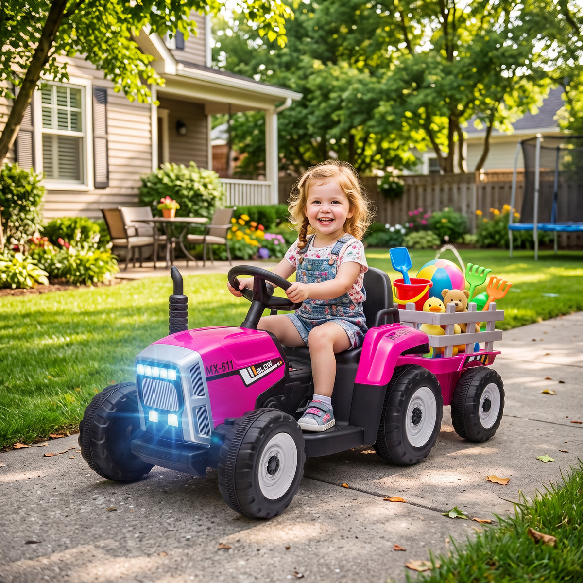 HOMCOM 12V Pink Kids Ride On Tractor With Remote Control And Trailer